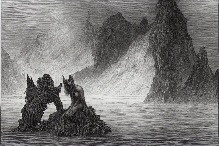 Prompt: demons near calm lake, Gustave Dore lithography