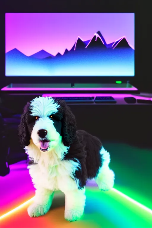 Prompt: a cute bernedoodle puppy sitting in a gaming chair + neon rgb light strips, large computer monitor, mountains in background!!!!!!!, vaporwave, dramatic, confident, rule of thirds, 4 k, award winning, octane render, volumetric lighting