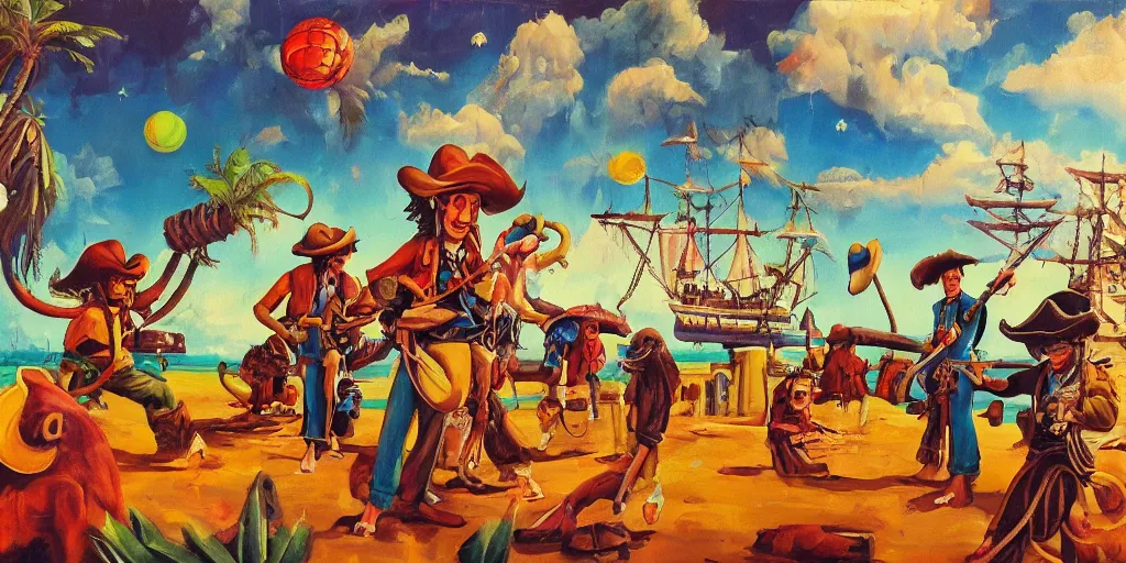 Image similar to Monkey cowboys pirates and tropical island, retro future, oil paint on canvas