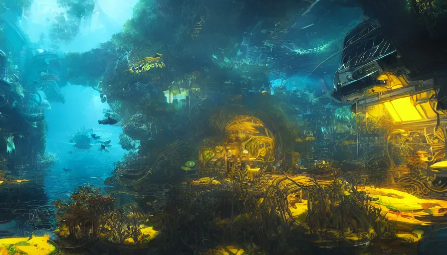 Image similar to interview of an underwater jungle built under blue domes, yellow lights, hyperdetailed, artstation, cgsociety, 8 k