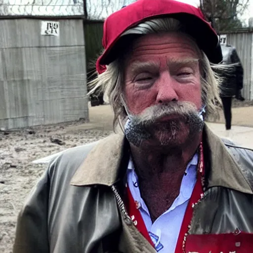 Image similar to donald trump dressed as a homeless man living in the slums