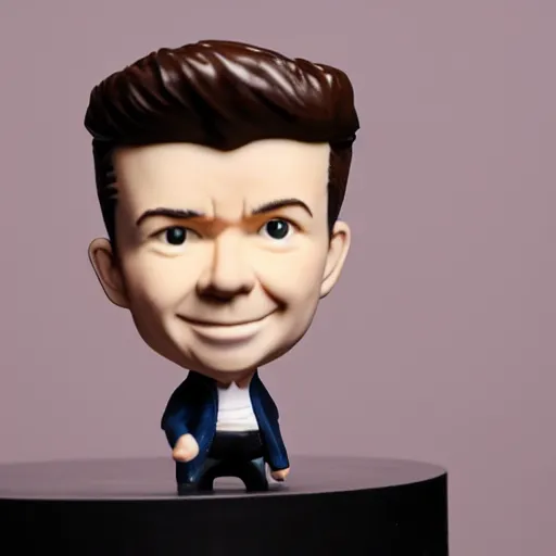 Image similar to Rick Astley as a bobble head, on a brown desk, 8k photo