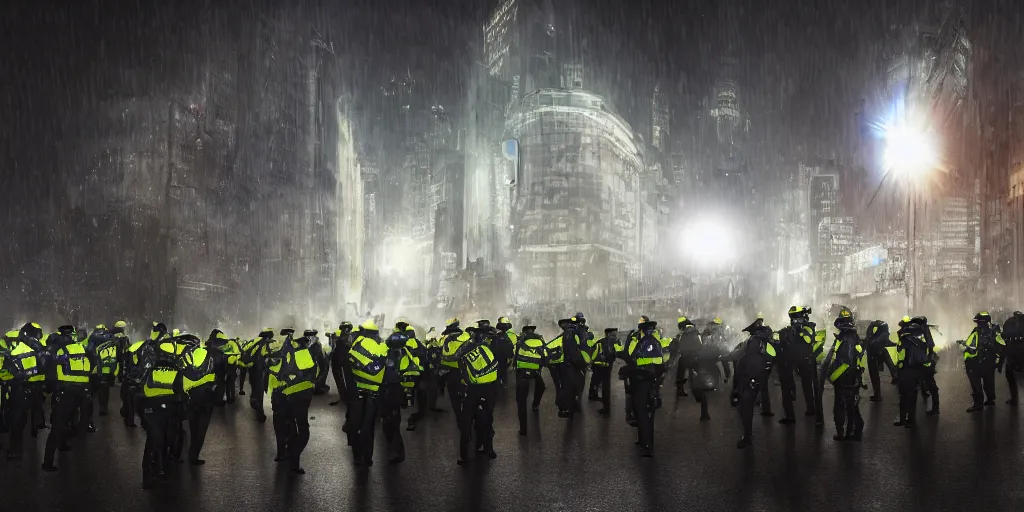 Prompt: policemen protect and guard a huge spiral - shaped luminous object right in the center of the city from protesting people, night, rain and light fog, professional lighting, concept art in 3 d, high detail, professional lighting