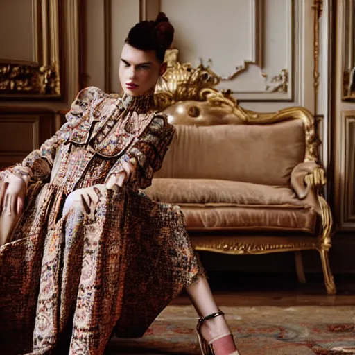 Prompt: close up of fashion model with large valentino dress in parisian luxury studio decorated with vintage furniture, official valentino editorial, highly detailed