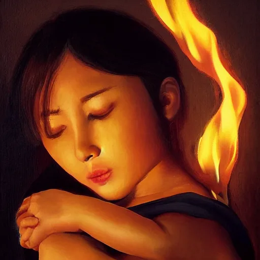 Image similar to beautiful woman cradling her child made of fire by stanley lau, elegant, realistic, loving