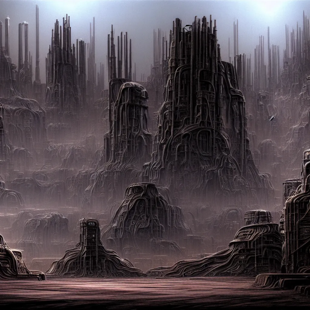 Image similar to industrial city in the desert, dune concept art by Yoshitaka Amano and H.R. Giger, monolithic structures, looming buildings, dark atmosphere, 4k, detailed,