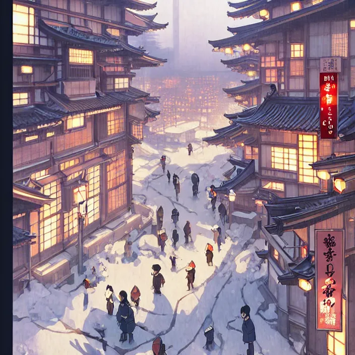 Image similar to japanese big city, winter, in the style of studio ghibli, j. c. leyendecker, greg rutkowski, artem