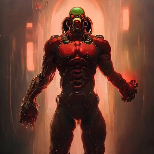 Image similar to doom eternal, mutant, tubes fused with the body, front view, painted by stanley lau, painted by greg rutkowski, painted by stanley, artgerm, masterpiece, digital art, trending on arts