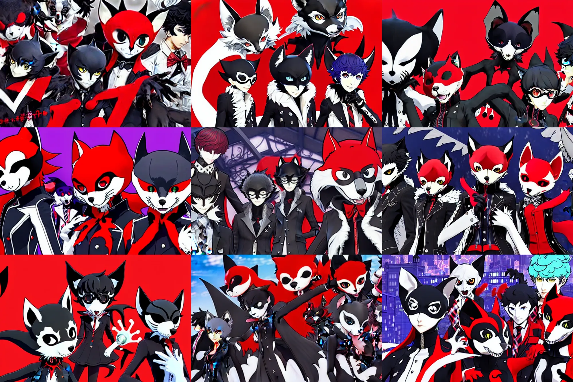 Prompt: the phantom thieves from persona 5 ( by atlus ), featuring : a furry fox fursona, a furry weasel fursona, and a furry catbat fursona