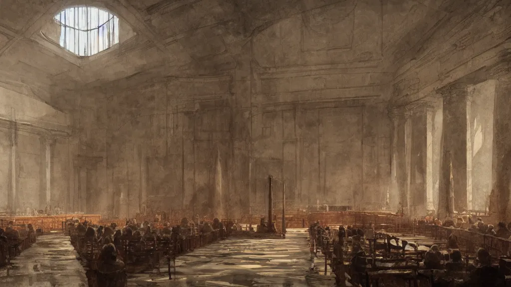 Prompt: interior of roman senate in session, watercolored, jakub rozalski, dark colours, dieselpunk, artstation