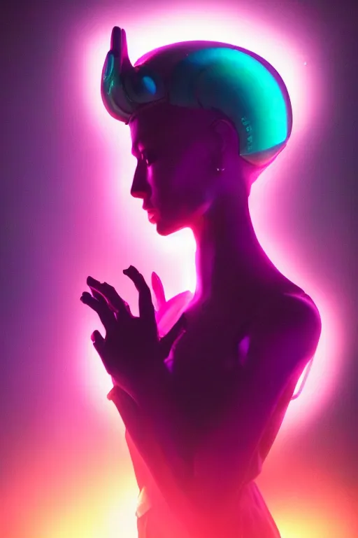 Image similar to a dramatic lighting photo of an elegant alien queen, vaporwave colors,