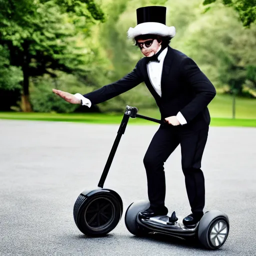 Image similar to an anthropomorphic silver fox in a dapper suit and a top hat riding a Segway in a park, photo, 4K