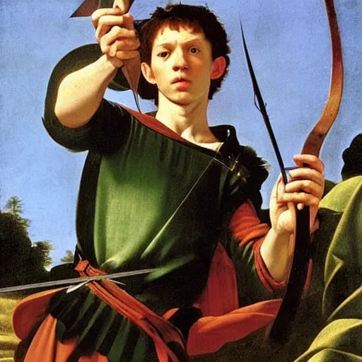 Prompt: Tom Holland wearing green tunic holding a longbow and an arrow. Painted by Caravaggio, high detail