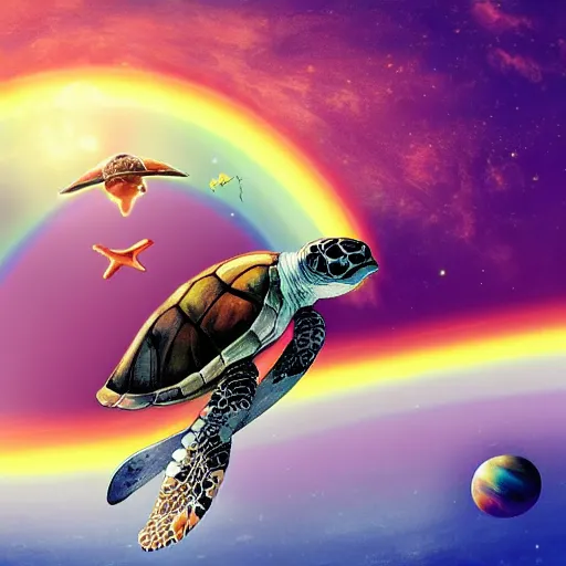 Image similar to an astronaut surfing on a sea turtle over a rainbow past planets in space, digital art, artstation, 4k