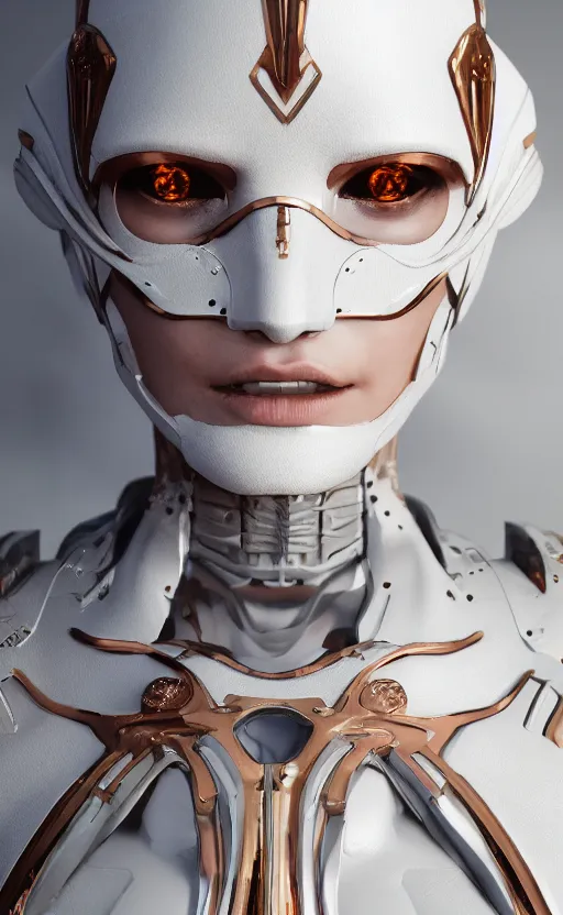 Image similar to white cyborg fashion shot, copper spiral decorations, white elegant baroque design, smooth heads, headshot half figure, photorealistic, 8k, hyper detailed, unreal engine, trending on artstation,