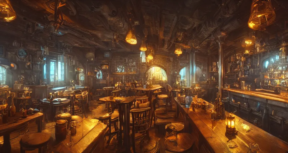 Prompt: alchemy tavern, hyperdetailed, artstation, cgsociety, golden hour 8 k, volumetric lighting, blue light