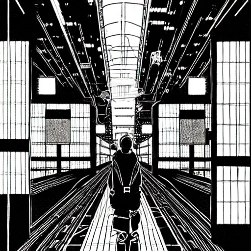 Prompt: a lonely night at the station, by Tsutomu Nihei, highly detailed