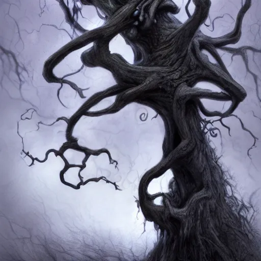 Image similar to a dramatic twisted screaming tree with the face of a human, haunting art, brian froud style, 8 k, trending on artstation