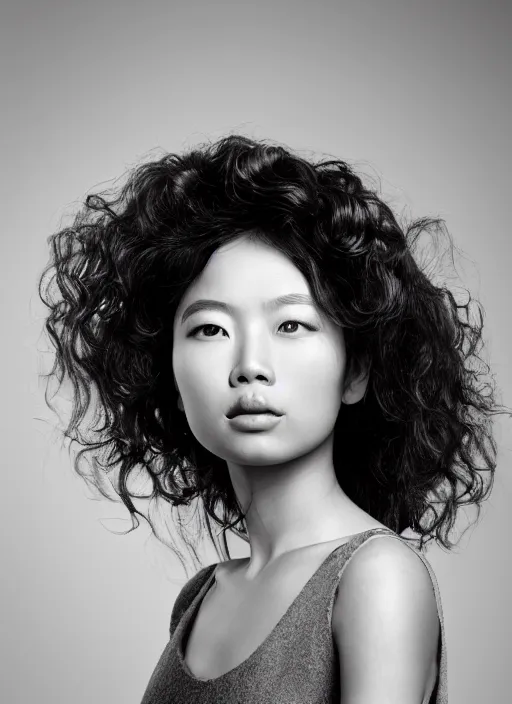 Prompt: a portrait of an asian woman by justin ridler, beautiful, elegant, big curly hair, face in the style of irakli nadar,