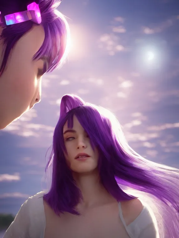 Image similar to A young adult with purple hair and cat ears floating on a cloud ultra realistic , lens flare, atmosphere, glow, detailed, intricate, full of colour, cinematic lighting, trending on artstation, 4k, hyperrealistic, focused, extreme details, unreal engine 5, cinematic, masterpiece