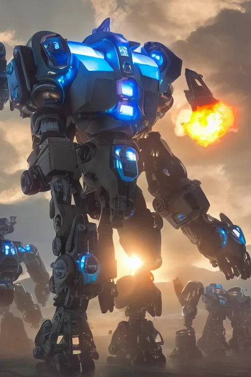 Image similar to mechwarrior 5 : mercenaries mech megaman transformer robot boss tank engine game octane render, 4 k, hd 2 0 2 2 3 d cgi rtx hdr style chrome reflexion glow fanart, global illumination ray tracing hdr fanart arstation by ian pesty by jesper ejsing pixar and disney unreal zbrush central hardmesh