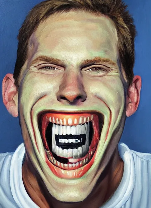 Prompt: 'painting by jon hale of jerma985 sus face, huge smile, disturbing, massive teeth, visible brush strokes, psychotic, long tall face
