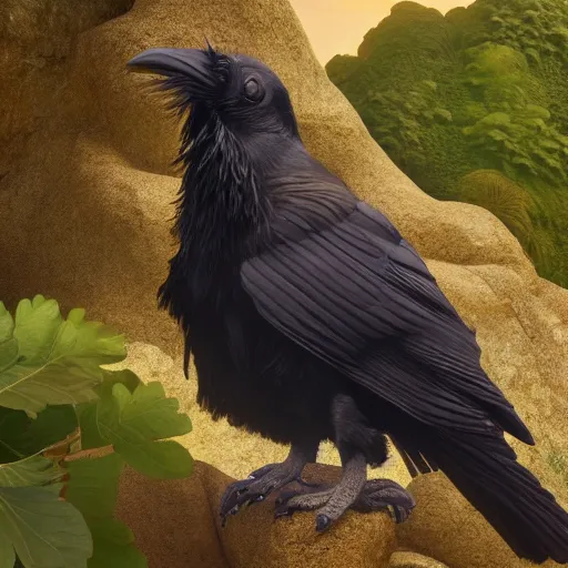 Prompt: a beautifully highly detailed close up portrait of a raven under a rock arch coves crashing waves plants at beautiful serene sunset detailed organic textures by frederic leighton and rosetti and turner and eugene von guerard, 4 k, octane render