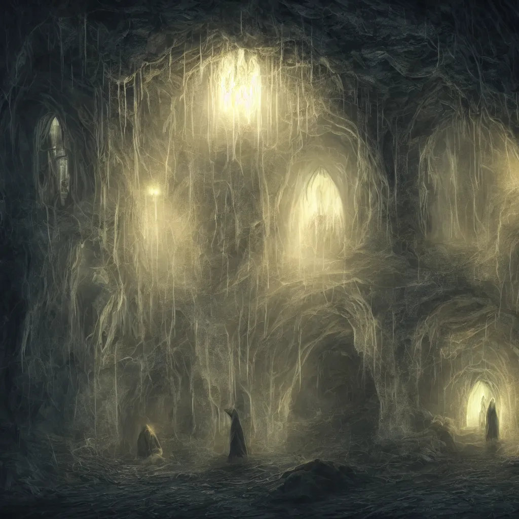Image similar to high drama, distant hooded figures, hdr, glowing luminescent invocations, diffuse magic catacombs, movie still, intricate highly detailed mystical prisms, fully photorealistic, artstation, beautiful concept art, smoothened, sharp luminescent focus, nd 6, sony fx 6