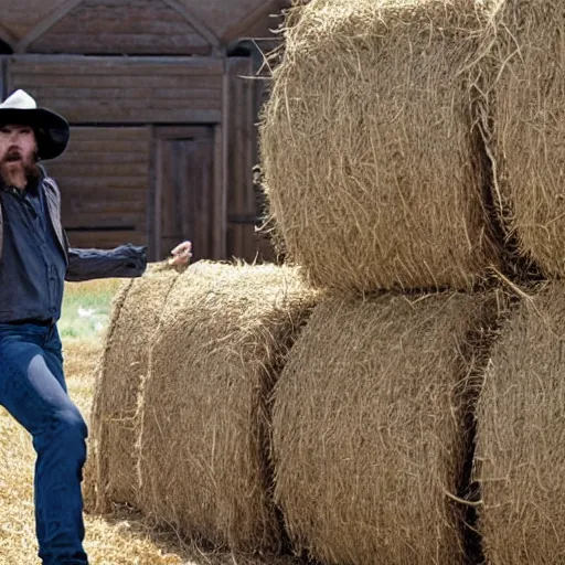 Prompt: Film still of Christian Bale, bailing hay, in new movie called the Hay Bailer
