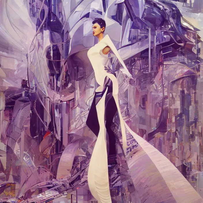 Prompt: shenzhen queen, full body, high fashion, futurism, aerodynamic, flowing, intricate, slick, highly detailed, digital painting, vogue, concept art, smooth, sharp focus, hd, art by syd mead and john berkey and annie leibovitz