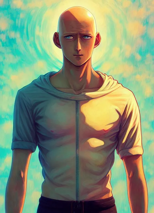 Image similar to handsome saitama, half body shot, path traced, cape, highly detailed, high quality, digital painting, alena aenami, lilia alvarado, shinji aramaki, karol bak, alphonse mucha, tom bagshaw