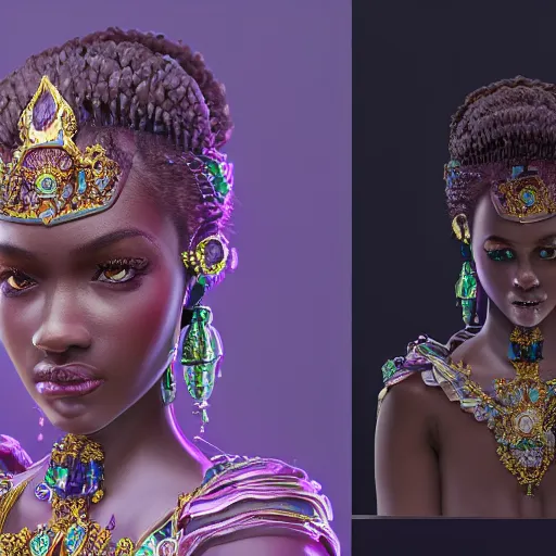 Image similar to photograph of wonderful princess with smooth dark skin, green jewelry, breathtaking, elegant, ornate, intricate, hyper detailed, accent lighting, dramatic light, 4 k octane render