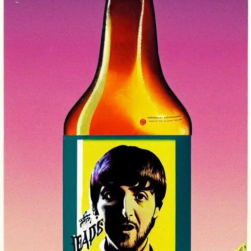 Prompt: an advertisement for a beatles soda, with the beatles pasted on the packaging, soda bottle with a small illustration of the beatles pasted on the packaging.