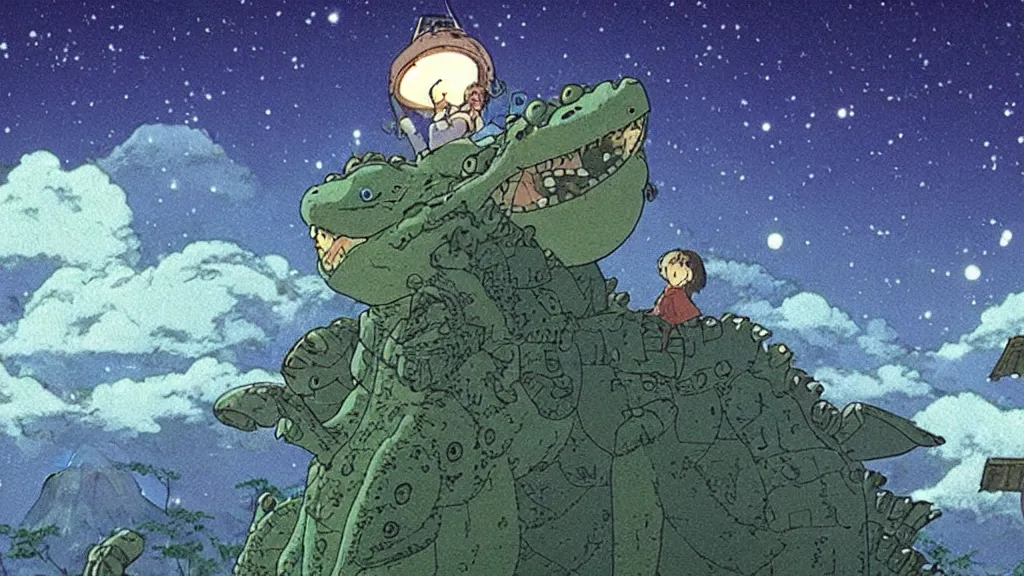 Image similar to a movie still from a studio ghibli film showing a lovecraftian crocodile from howl's moving castle ( 2 0 0 4 ). a pyramid is under construction in the background, in the rainforest on a misty and starry night. a ufo is in the sky. by studio ghibli