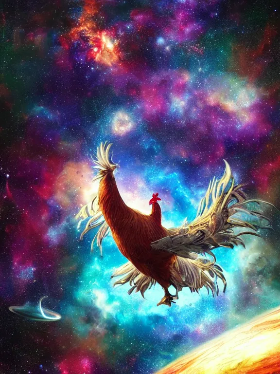 Prompt: a lone giant rooster, centered, floating in space, center of the universe, \ galaxy cosmic nebula, epic, volumetric light, hyperrealistic, glitter, mega detailed, beautiful composition, beautiful lighting, unreal render, 4 k, vincent di fate, john berkey, michael whelan