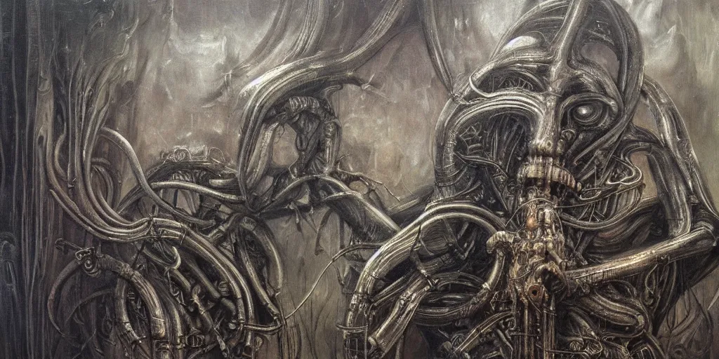 Image similar to a foggy highly detailed oil painting of a aetherpunk god by h. r giger in the style of romanticism art, trending on art station