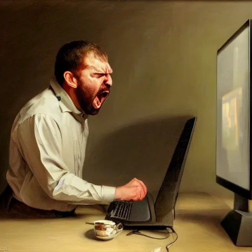 Image similar to an angry man yells at his computer monitor, oil on canvas, highly detailed