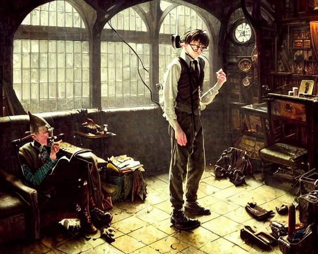 Prompt: a epic norman rockwell painting of harry potter listening to music with headphones on in a dark liminal space room, gritty tech, deep focus, fantasy, intricate, elegant, highly detailed, digital painting, artstation, concept art, matte, sharp focus, illustration, dark fantasy style art, resident evil, art by artgerm and greg rutkowski and alphonse mucha