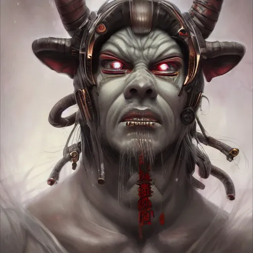 Image similar to portrait, cyberpunk japanese oni demon with horns, stern expression, long hair, highly detailed, digital painting, artstation, concept art, smooth, sharp focus, illustration, artgerm, tomasz alen kopera, peter mohrbacher, donato giancola, joseph christian leyendecker, wlop, frank frazetta