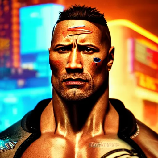 Image similar to dwayne johnson portrait, cyberpunk 2 0 7 7, cyberpunk v, johnny silverhand, photorealistic, ultra detailed, neon, octane, bokeh, cinematic lighting, cyber, cyberpunk city, studio quality, feature, scars, cyberface, 8 k