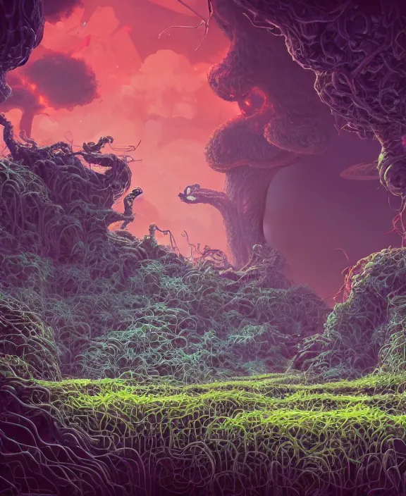 Image similar to a bunker made out of exotic fungus, overgrown with weird fungus and tendrils, spaceship, sci - fi, robots, noon, somber, partly cloudy, by dan mumford, yusuke murata, makoto shinkai, ross tran, cinematic, unreal engine, cel shaded, featured on artstation, pixiv