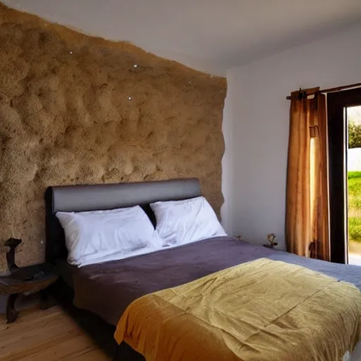 Image similar to bed inside a room, bee hive walls