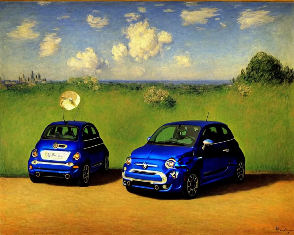 Image similar to achingly beautiful painting of a 2 0 1 3 fiat 5 0 0 abarth by rene magritte, monet, and turner. whimsical.
