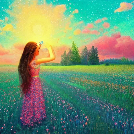 Image similar to girl with one blooming flower as a face, surreal photography, dream, standing in flower field, hills, big trees, sunrise dramatic light, impressionist painting, colorful clouds, digital painting, pointillism, artstation, simon stalenhag, flower face