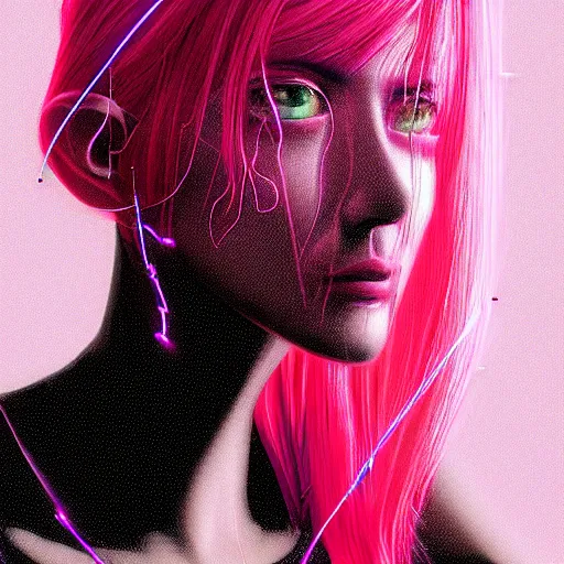 Image similar to a portrait of a woman with pink hair with lots of wires, cyberpunk art by otomo katsuhiro, cgsociety, computer art, circuitry, dystopian art, academic art insanely quality, highly detailed, masterpiece, red light, artstation, 4 k