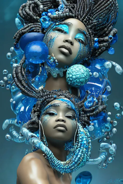 Image similar to epic 3 d yemaya, caring african goddess, liquid fish and flowers spinning, 2 0 mm, with cerulean and white foam, melting smoothly into asymmetrical bubbles and flowers, liquid, delicate, intricate, houdini sidefx, trending on artstation, by jeremy mann and ilya kuvshinov, jamie hewlett and ayami kojima