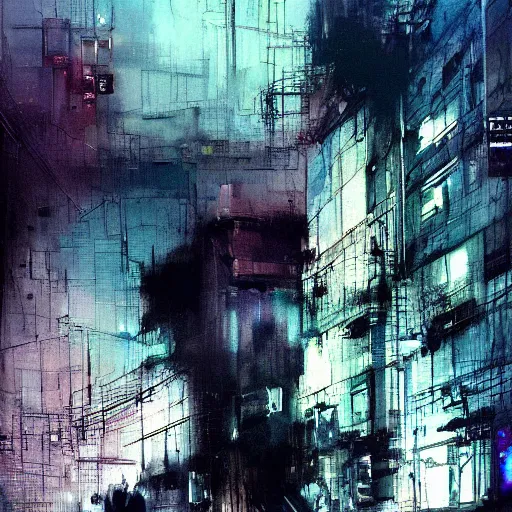 Image similar to a cyberpunk, wires, machines, in a dark future city by jeremy mann, francis bacon and agnes cecile, ink drips, paint smears, digital glitches glitchart c - 1 0