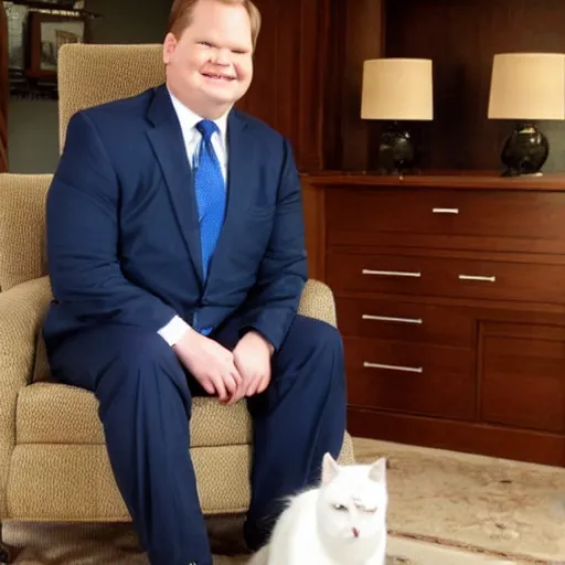 Image similar to Andy Richter wearing a blue dress shirt, necktie, navy dress pants sitting in a chair petting a calico cat