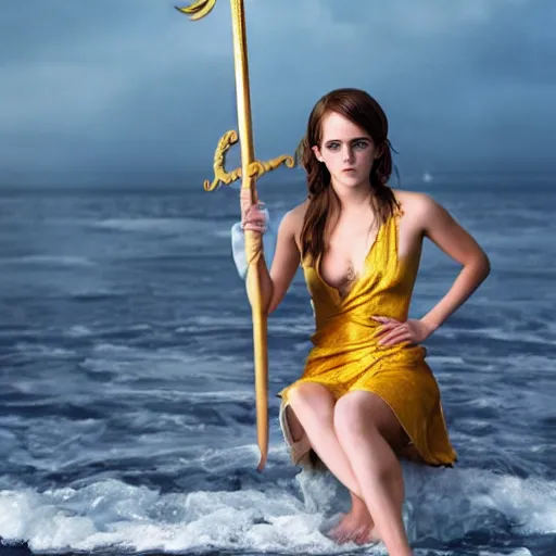 Image similar to emma watson as nami from one piece holding a trident in one hand, award winning photography, cinematic, 50 mm, trending on Twitter