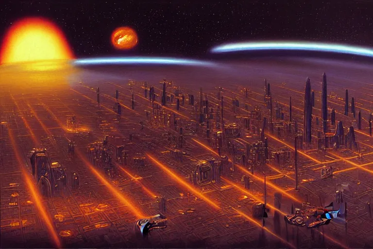 Image similar to a scifi illustration, Night City on Coruscant by david a hardy